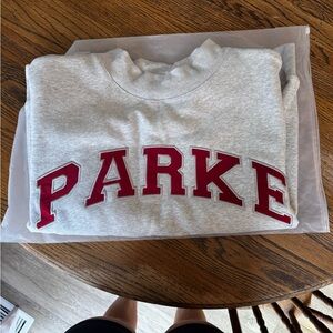 PARKE Varsity Gray Mockneck Sweatshirt with Ruby Red Lettering